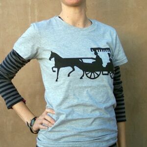American Apparel Heather Gray, Graphic Tee with Horse Carriage - Cottage Core